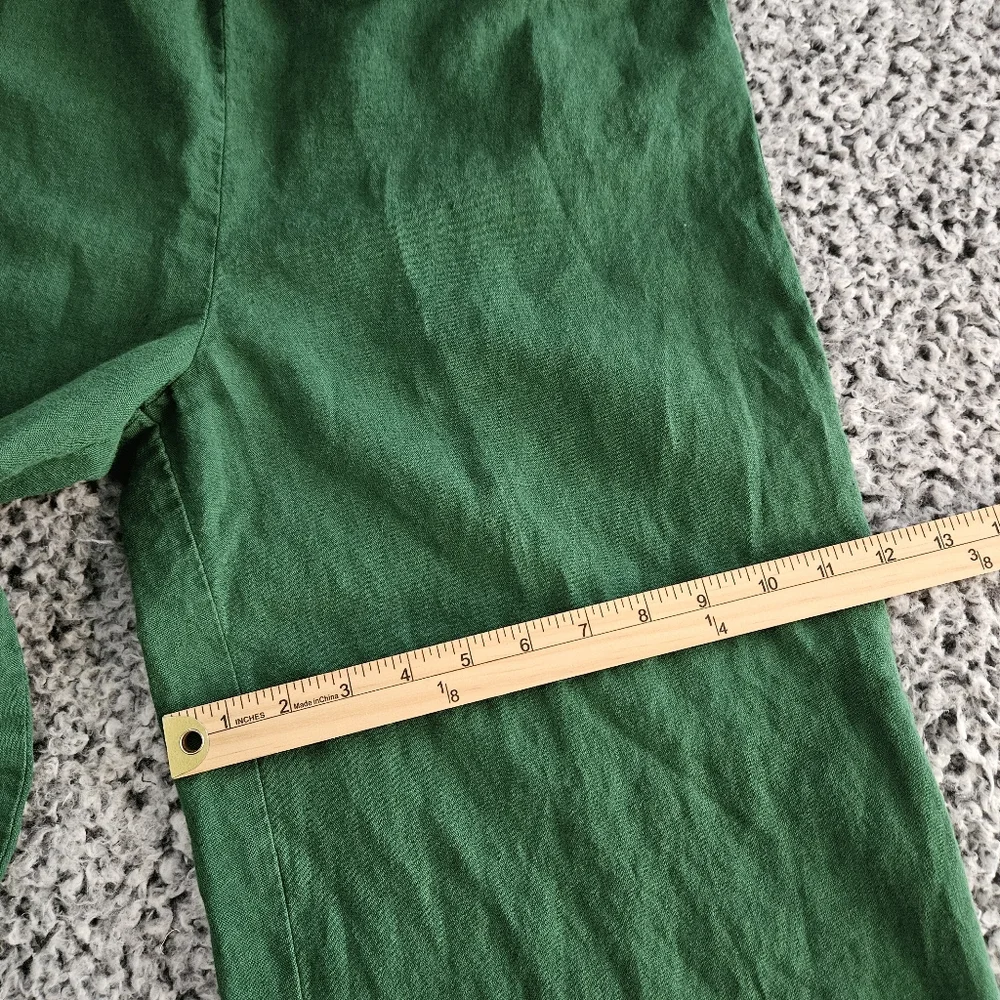 Zara Green Jumpsuit XS Rustic Linen Blend Wide Leg V-Neck Tie Back Short Sleeve